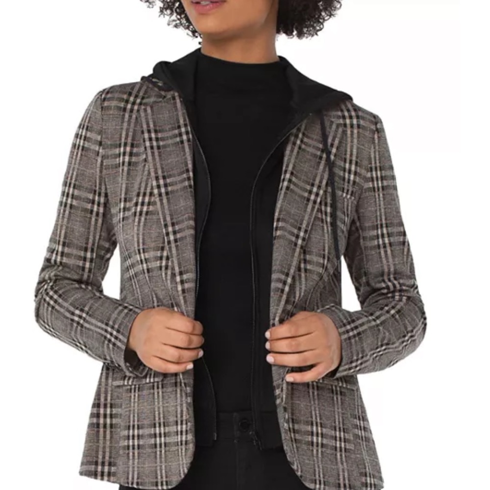Liverpool Los Angeles Hooded Plaid Boyfriend Blazer Size Medium